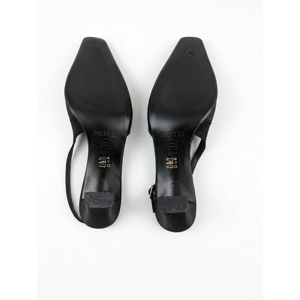 Vintage Nickels Black Satin Square Toe Slingback Heels Size 9.5 M